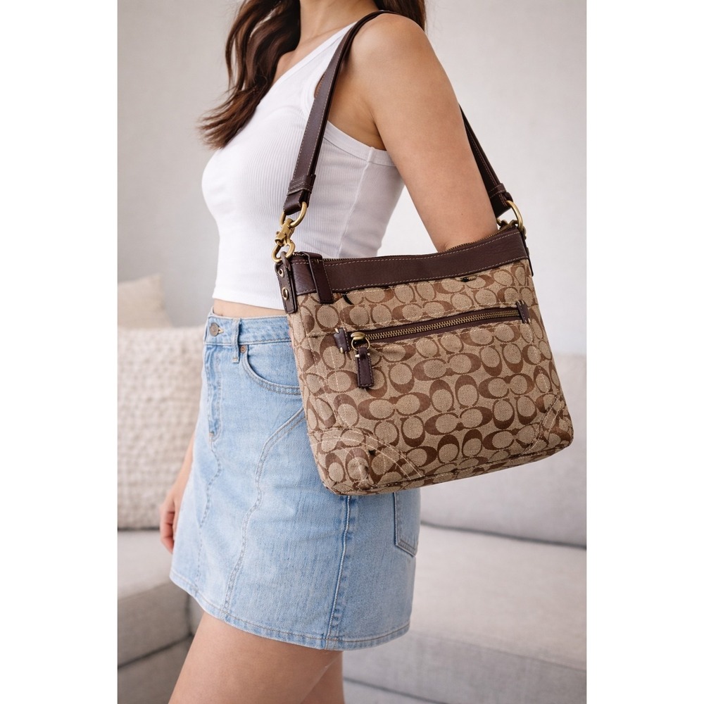 Coach‎ Signature Brown Jacquard Y2K Leather Brass Shoulder Bucket Purse Bag